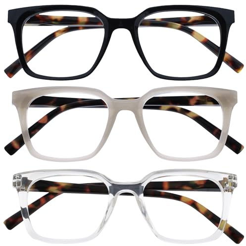 OPULIZE KOI Gafas de Lectura Pack de 3 - Marco Rectangular Ancho - Negro/Gris/Transparente - Hombre Mujer - Bisagras de Muelle - RRR50-17C - +1.00