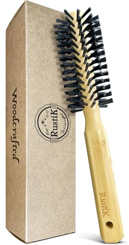 Bamboo Round Hair Brush by RustiK, Soft Bristles, Large Handle, Curl Enhancing, Blow Drying, Styling, Adding Volume/Shine. Woodcrafted For Men and Women.