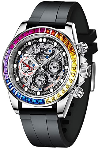 TYBERLEY Lusso Uomo Orologio Meccanico Automatico Gioiello Arcobaleno Lunetta Scheletro Quadrante Acciaio inossidabile 100M Impermeabile Luminoso Orologi Cronografo Sportivo Multifunzionale