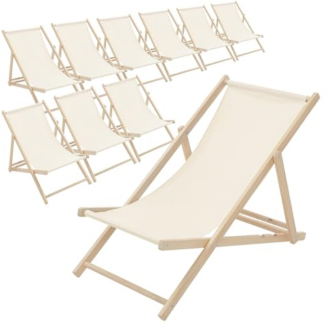 ECD Germany 10er Set Liegestuhl klappbar Beige, aus Holz, Sonnenliege mit 3-Fach Verstellbarer Rückenlehne, Strandliege bis 120 kg, Gartenliege, Strandstuhl, Relaxliege für Garten, Balkon & Terrasse
