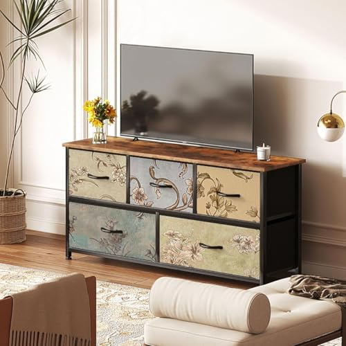 CAIYUN Kommode mit 5 Schubladen Komodenschrank für Schlafzimmer Industrieller TV Schrank Schrank mit schubladen Metallrahmen Holzoberfläche für Wohnzimmer Kinderzimmer Flur rustikales