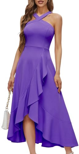 Bbonlinedress Robe Femme Chic et Elégant Mi Longue Fluide de Soirée Cocktail Mariage Cérémonie Bal Promo avec Bretelles sans Manches pour Eté Lavender M