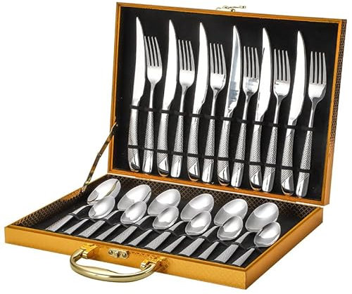 ASumPio Ménagère 24 Pièces en Acier Inoxydable 304 avec Couteau À Steak, Fourchette Et Cuillère, Coffret Doré