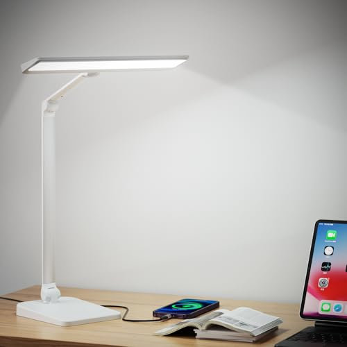 LED Desk Lamp for Office Home, Eye-Caring Desk Light with USB A+C Dual Charging Port, 3 Brightness Level, 23W 1000LM DC Adapter Table Lamp for Reading, Study, Workbench, Crafting, Sewing, Puzzle, Nail
