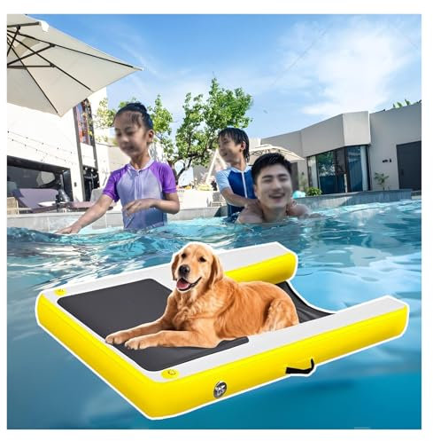 MZZKFC Inflatable Dog Dock Floating Platform, Portable & Reusable Dog Ramp for Above Ground Swimming Pool, Foldable Dog Floating Ladder Load 105kg, Black Blue Green Red Yellow(Yellow)