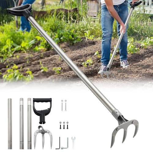 Gartenharken 3 Zinken zu Graben 110cm Verstellbare Langstiel-Hacke mit Verlängerung - Schwere Gartenhacke zum Jäten & Auflockern für Garten, Rasen und Yardarbeit