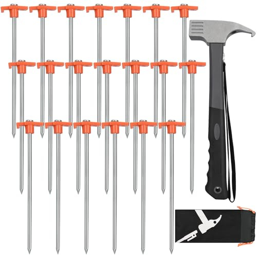 Set di 20 picchetti e martello resistenti da 25,4 cm, con custodia per riporre tende, teloni, teloni, tettoie, picnic, ombra (confezione da 20 picchetti da 25,4 cm + martello da 0,5 kg)