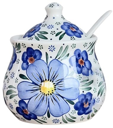 Zuccheriera con motivo floreale con coperchio e cucchiaio, porta zucchero da 250 ml per bar, zuccheriera in ceramica con manico