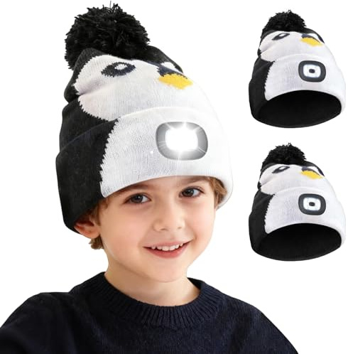 Behogan 2 Stück Mütze mit Led Licht Kinder: USB-Licht Wiederaufladbare Strickmütze, Mütze Kinder Winter, 3 Lichtmodi, Leuchtmütze Pinguin Winter Wärmer Haube für Joggen Camping Lesen Laufen