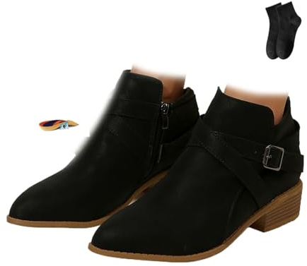 POIOZXD Botines de cuero con correa de hebilla y tacón grueso con cremallera lateral, cómodos, puntera redonda, tacón bajo, botines de tobillo para mujer, Black, 38 EU