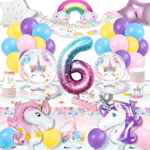 Einhorn Geschirr-Set für 6. Geburtstag, Komplettes Deko-Set mit Folienballons & Tischdecke für Mädchen, Sicherer Pappteller & Servietten für Kinderparty, Magische Mottoparty
