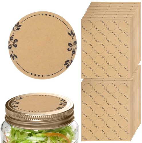 Nogeqi 300PCS 2inch/5cm Labels for Jars, Brown Label Stickers for Baked Goods, Wreath Designs Kraftpaper Bottle Labels Self Adhesive for Food Gift Bottles Pantry Essential