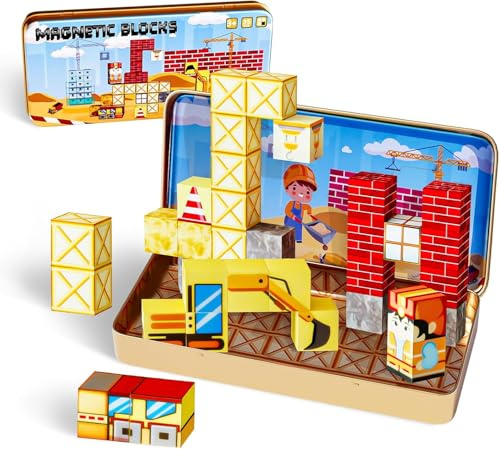 Bacxzomx Mini Magnetische Bausteine Reiseset für Kinder, Spielzeug ab 3 4 5 6 Jahre Junge Mädchen, Tragbare Eisenbox Magnetische Spielsteine Montessori Spielzeug (Bagger)
