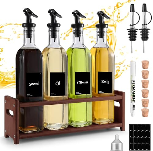 FNLLC Ölflasche mit Dunkel Holzständern 500ml,4pcs Glasflaschen,Olivenöl spender mit Trichter,Essig und Ölflaschen set,Lebensmittelechtem Bleifreiem Glas mit Etikette