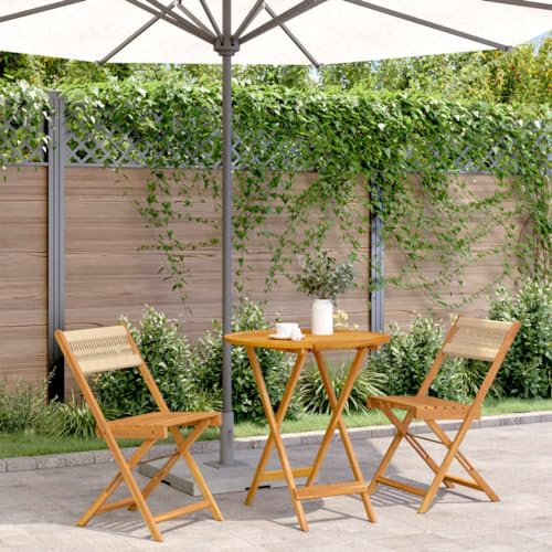 QJBSAVVA 3-TLG. Bistro-Set Akazienholz klappbar 70 cm Gartentisch Beige Sitzgruppe Balkonmöbel klein platzsparend