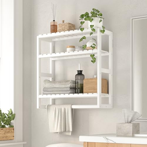 Bamworld Scaffale da Bagno a 3 Ripiani in Bambù, Organizzatore da Parete Moderno e Salvaspazio per Bagno, Cucina o Ufficio, Bianco