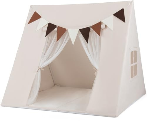 RELAX4LIFE Tenda per Bambini, Casetta da Interno con Porta Avvolgibile, Tende a Rete, Finestre Traspiranti e 9 Bandiere, Tenda Triangolare per Bambini da Soggiorno, Camere da Letto