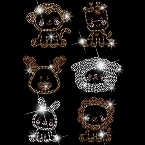 SUPERDANT 6 Stück Cartoon Tiere Bügelstrasssteine Für Kleidung Hase Affe Hirsch Giraffe Kristallbügelaufkleber Bügelbilder Aufnäher Für T Shirt Kleidung Hoodie Jacken DIY Bastelset Geschenk