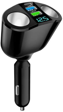 Car Cigarette Lighter Adapter 12V/24V, Dual USB-C PD and USB-A QC3.0 Super Fast Charger, 360° Rotating Car Lighter Adapter, Multi-Socket Splitter with LED Voltmeter for Phone Tablet GPS Dashcam