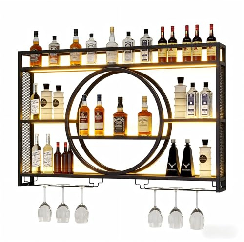 Siannobter Wall Mounted Wine Rack with LED Light, 39.4 Bar Shelves and Glass Holder, Industrial Metal Bar Shelf Wall Mounted Wine Rack for Kitchen, Bar, Dining Room (Black, 100cm/39.4in)