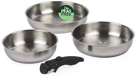 Russell Hobbs Smart Clip Frying Pan Set, 4 Piece, 20/24/28 Cm | Stainless Steel, Satin Finish, Detachable Clip-On Handle, Stackable Nesting Design, Oven Safe To 200C, PFAS-Free Coating