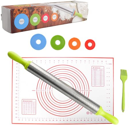 Shuqio Mattarello acciaio inox 61cm regolabile con distanziatori, tappetino silicone e pennello, antiaderente per pizza biscotti dolci