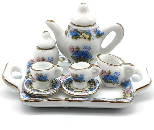 Nuiorfty Juego de té en Miniatura con delicados Adornos Dorados: Accesorios de casa de muñecas de cerámica de 8 Piezas para Juego y exhibición realistas