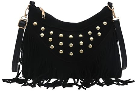 2026 Bolsos de hombro -Bolso bandolera, bandolera con flecos para uso diario, Negro , 26cmX6.5cmX19cm, Mochilas rucksack