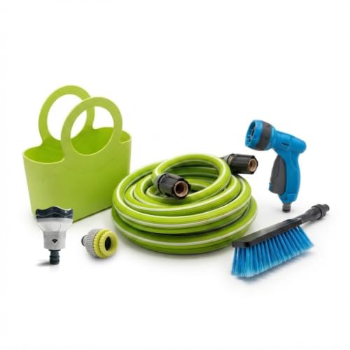 Idroeasy Kit 6 in 1 Tubo Acqua Giardino Estensibile 15 Metri 5/8 con Spazzola Lavaggio Auto – Canna Acqua Estensibile Anti-Nodo con Pistola Multigetto, Raccordi e Borsa Salvaspazio, verde unico
