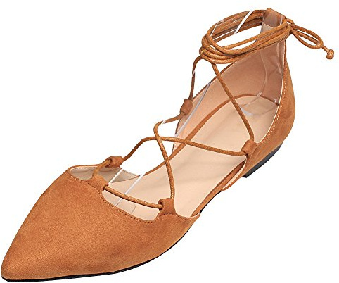 Jamron Damer mjuk fuskpäls mocka platt spets pumps chic kors snörning ballerinaskor, Tenn, 41.5 EU
