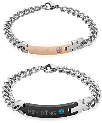 seensea Couples Matching Set 2 Pieces Link Bracelet Titanium Stainless Steel Chain Wrist Cuff for Valentine's Day Gift Jewelry (HIS QUEEN & HER KING)