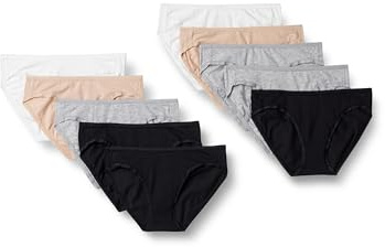 Amazon Essentials Women's Cotton Bikini Brief Underwear (Available in Plus Size), Pack of 10, Black/Grey Heather/Light Pink/White, 10