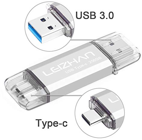 LEIZHAN Memoria USB Tipo C 256GB USB 3.0 Pendrive OTG 2 in 1 USB Flash Stick Tipo-C para Samsung Huawei Android PC -256GB（Plateado）