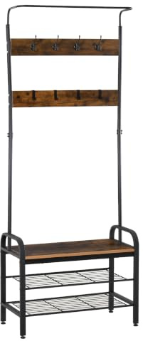 HOMCOM Garderobenständer Schuhregal mit 8 Haken 72 x 34 x 185 cm Schwarz | Kleiderständer, 2 Ablagen, MDF