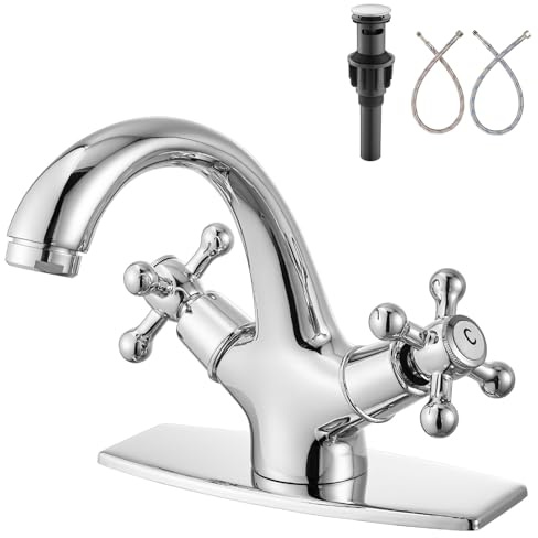 Aolemi Bathroom Sink Faucet Single Hole Cold and Hot Double Handle Cross Knobs Vanity Vessel Sink Basin Mixer Tap with Deck Cover Plate with Pop Up Drain Polish Chrome