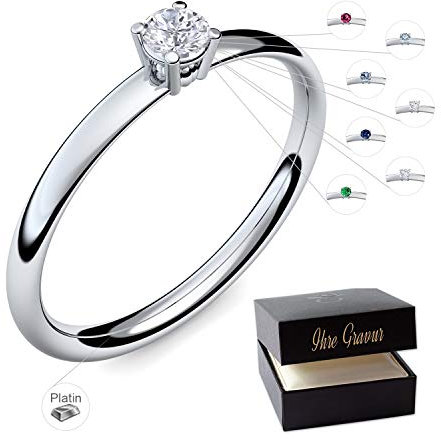 Verlobungsring Platin 950 PERSONALISIERT + ETUI mit individueller GRAVUR Damen-Ring Heiratsantrag Diamant-Ring Zirkonia Aquamarin Rubin Smaragd Saphir Brillant Blautopas Edelstein.