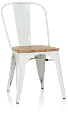 hjh OFFICE Bistrostuhl Metall mit Holzsitz, stapelbarer Küchenstuhl | Esszimmerstuhl Industrial Design, bis 150 kg belastbar, Weiß