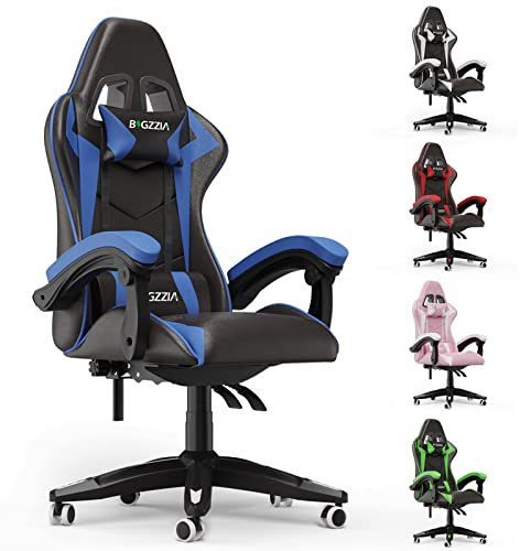 bigzzia Silla Gaming,Silla Ergonómica de Oficina en Cuero PU,Regulable en Altura con Soporte Lumbar y Reposacabezas,Respaldo Reclinable 155°,Silla Gamer Adulto Niño(Azul)