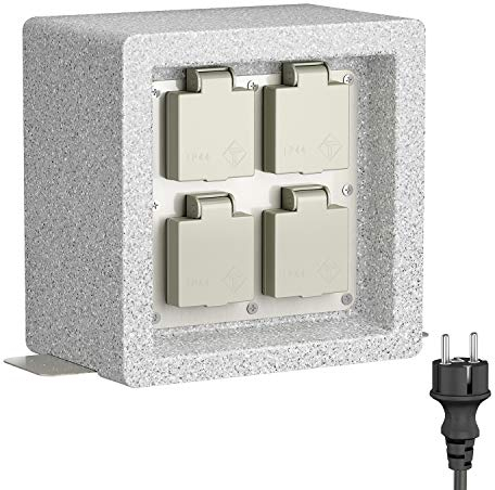 ledscom.de Garten Colonne de Prises Pock pour l'extérieur, IP44, 1m, fiche Schuko Type F, 4X, Gris (Aspect Pierre), rectangulaire, 20 cm