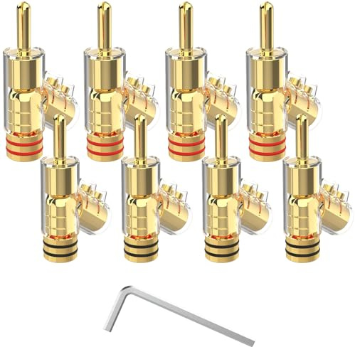 Monosaudio BA1403G Winkel-Bananenstecker, 24K Vergoldet, 8er Pack | Selbstsichernd, Für HiFi Lautsprecher, Verstärker & AV-Receiver, 8–15 AWG
