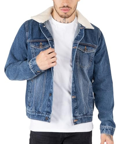 NOROZE Mens Denim Jacket with Detachable Sherpa Collar Classic Fur Jean Trucker Coat (XL, Denim Blue)