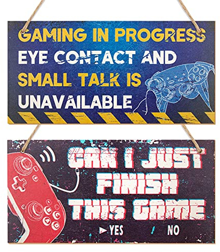 BETESSIN 2 Pcs Funny Gaming Signs Just Finish This Game Wooden Sign Hanging Game Signs Bedroom Door Sign with Jute Rope for Boys Game Room Birthday Xmas Gift Living Room Decor