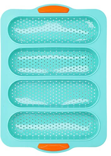 Molde para pan de 4 orificios, moldes para perritos calientes, molde antiadherente para Baguette, molde para hornear pan de silicona para hornear baguettes francesas(Verde)