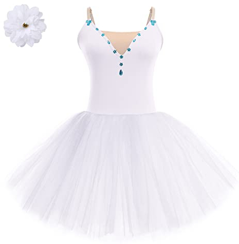 Ballettkleidung Damen Ärmellose Spaghettiträger Ballett Trikot Tanzbody Turnanzug Tütü Tüllrock Ballettkleid Tanzkleid Gymnastikanzug Ballettanzug Balettkleider Ballerina Kleider+Haarspange Weiß XXL