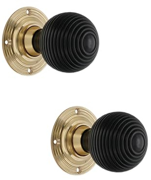 Infinity Decor Victorian Style Solid Natural Ebony & Rosewood Mortice Door Knob Sets/Wooden Door knobs Polished Brass (Ebony Beehive)