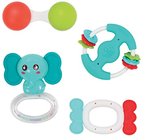 Ludi - Set di 4 sonagli - Giocattolo di risveglio per bambini - Maracas, anello dentizione - 3 mesi 30113 multicolore