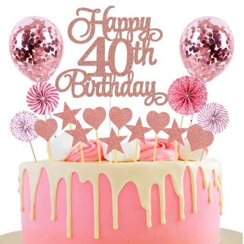 Tortendeko 40. Geburtstag Rosegold Happy Birthday Glitter Cake Topper für Jungen & Mädchen