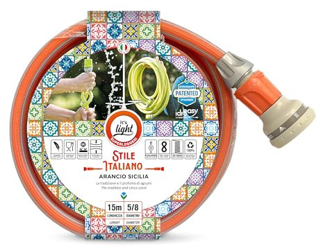 Tubo per Irrigazione 15 Metri 5/8 con Doccetta Multifunzione Stile italiano Arancio Sicilia Idroeasy