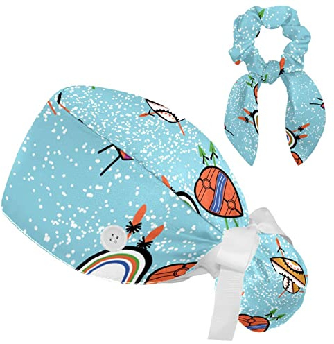 Pilzhaus unter dem klassischen Cartoon Glocke Blume Scrub Caps mit Knöpfen Frauen Arbeitskappe Verstellbares Schweißband Bouffant Hüte, Mehrfarbig 13, M/L