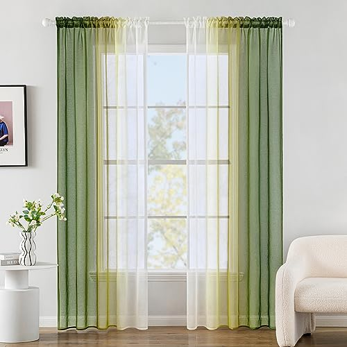 MIULEE Gardinen Vorhang Olivergrün Transparente Wohnzimmer Modern Gardine Zweifarbiger Schiebevorhänge Vorhänge Gardinenschals Schlafzimmer 2er Set 140x145cm